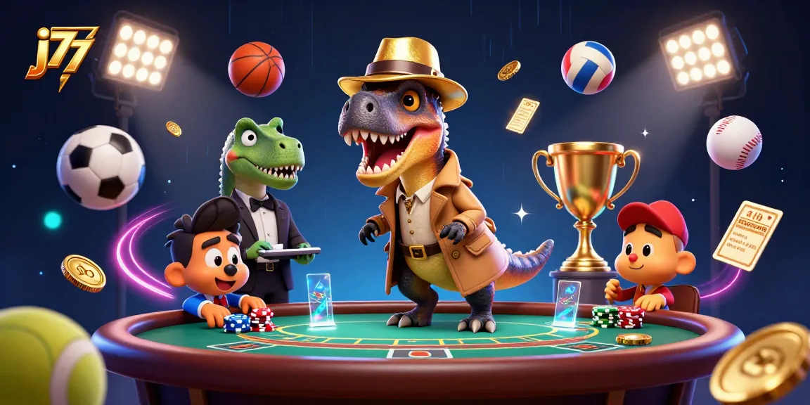 Experience j77's vibrant, dynamic casino atmosphere with cartoon dinosaurs playing blackjack.