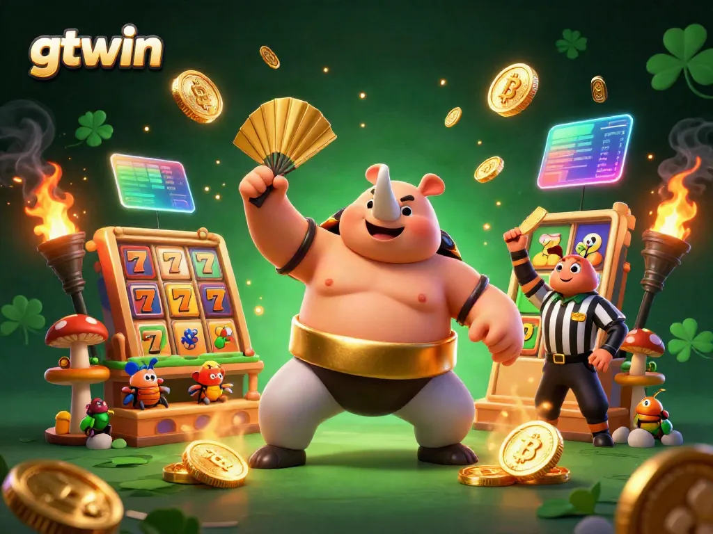 gtwin powers up with a dynamic sumo beetle champ amidst flying coins and vibrant slot elements.