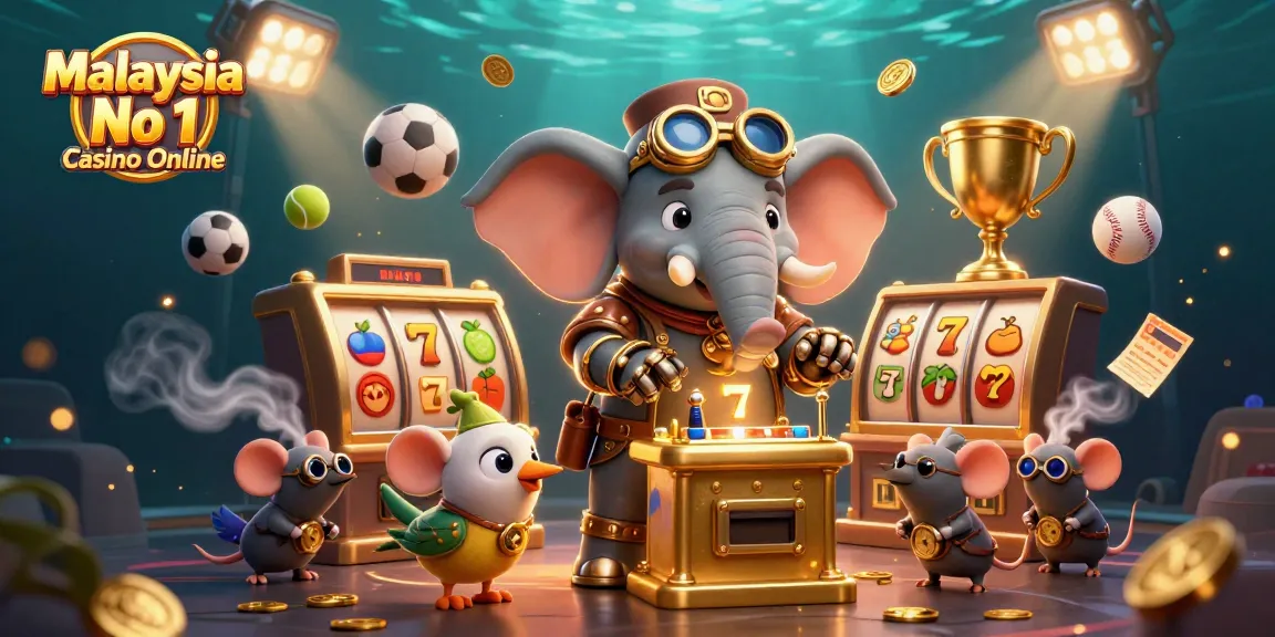 M3 Online Casino Malaysia No 1 Casino Online features a dynamic 3D illustration of a steampunk elephant with a golden slot machine.