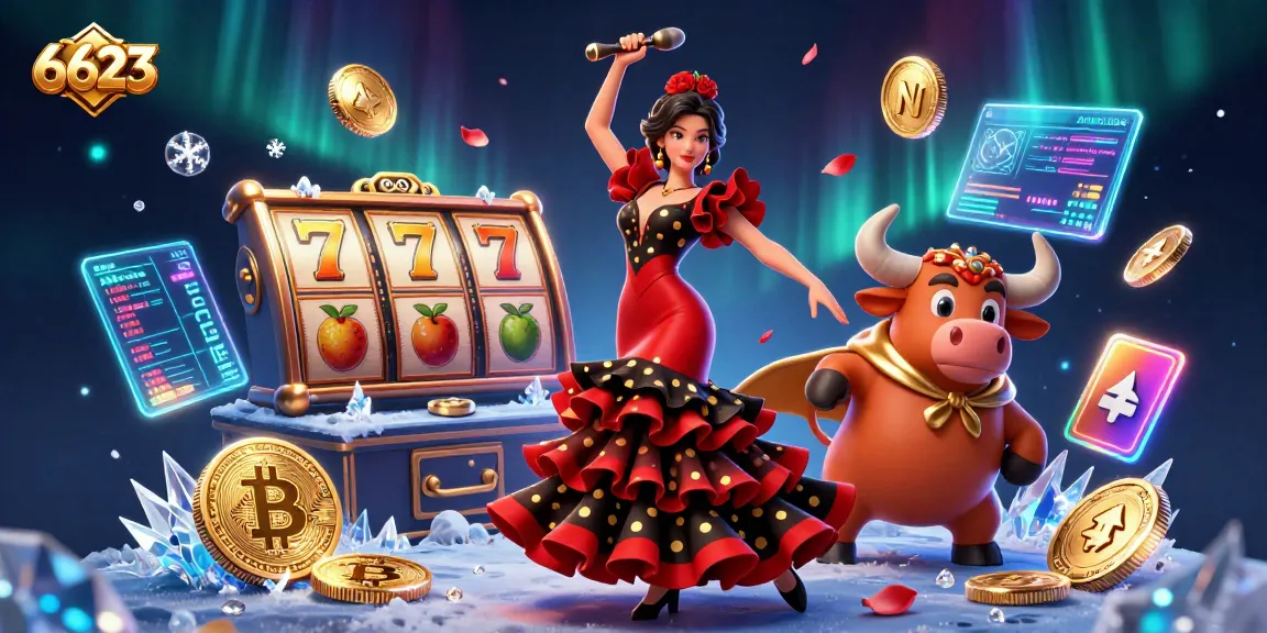 Experience 6623's vibrant casino scene with a flamenco dancer and a cartoon bull amidst colorful slots