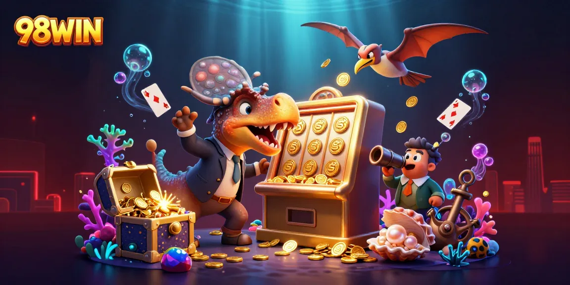 Experience 98WIN casino excitement with dinosaurs winning jackpots, vibrant treasure, and action!