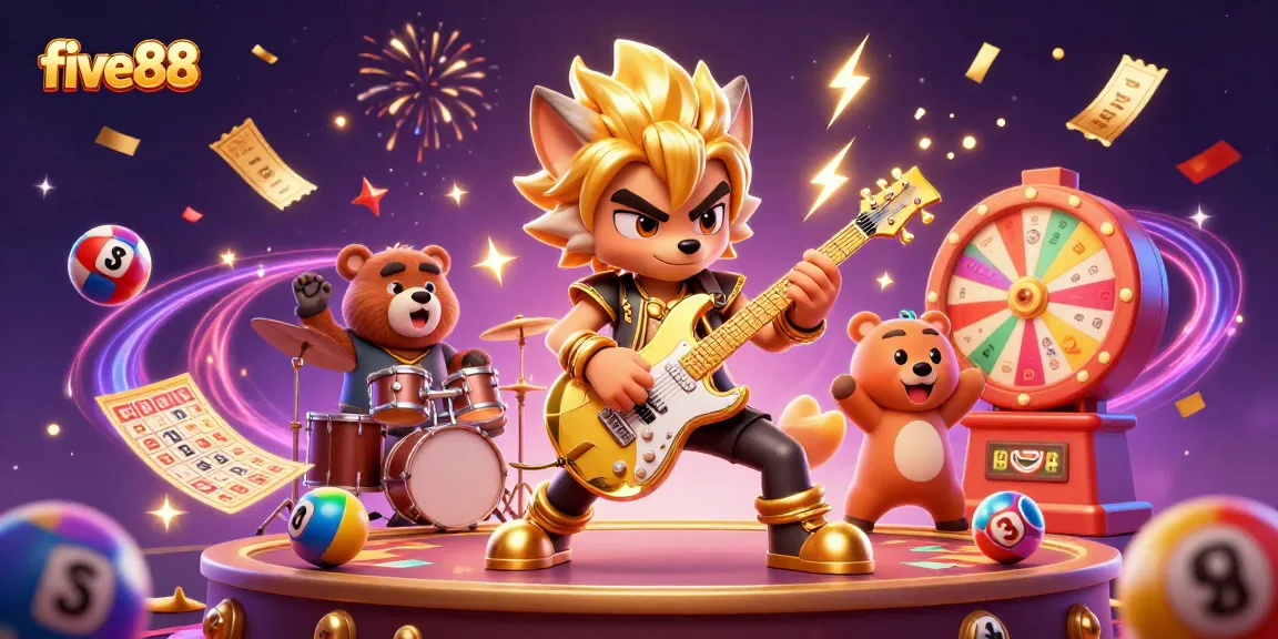Experience excitement at five88 with a rock star wolf and drummer bear on a vibrant casino stage.