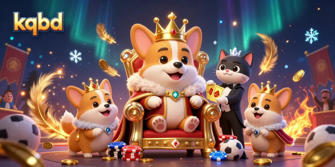 Engage with kqbd's dynamic royal scene featuring a corgi in a golden crown surrounded by betting elements and sporting excitement.