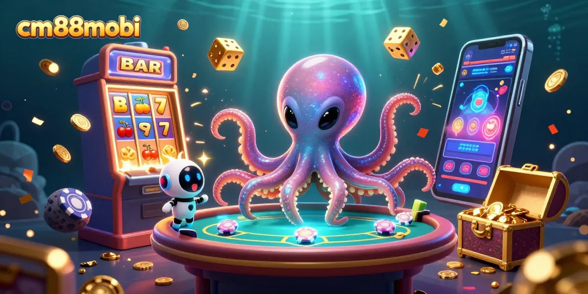 Bet on exciting jackpots at cm88mobi featuring colorful aliens, robots, and casino elements.