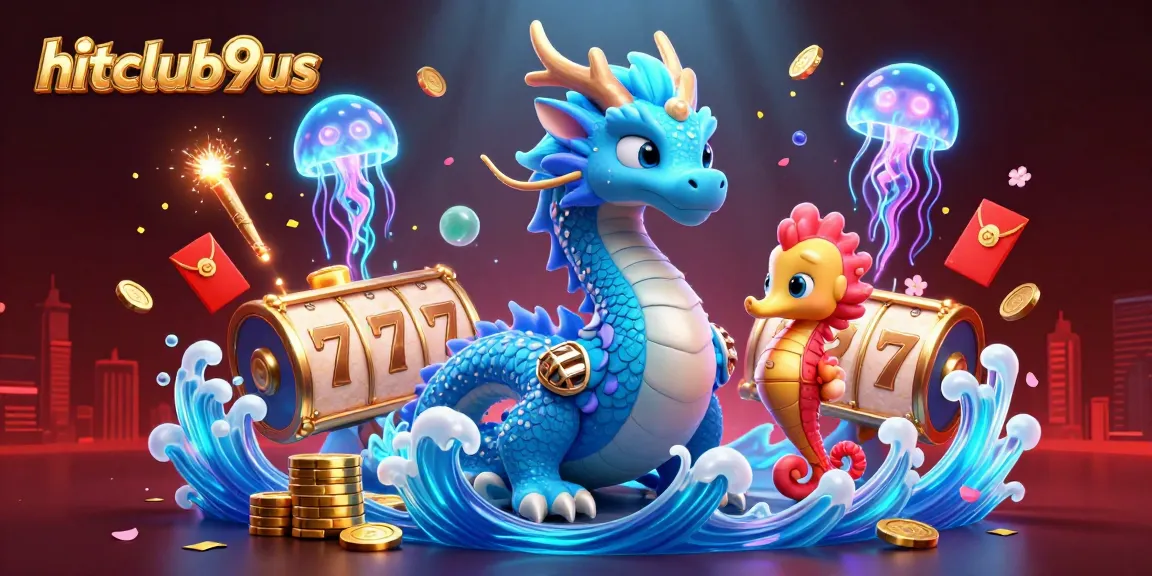 Experience the thrill of hitclub9us with a vibrant 3D casino scene featuring a water dragon and slot game elements.