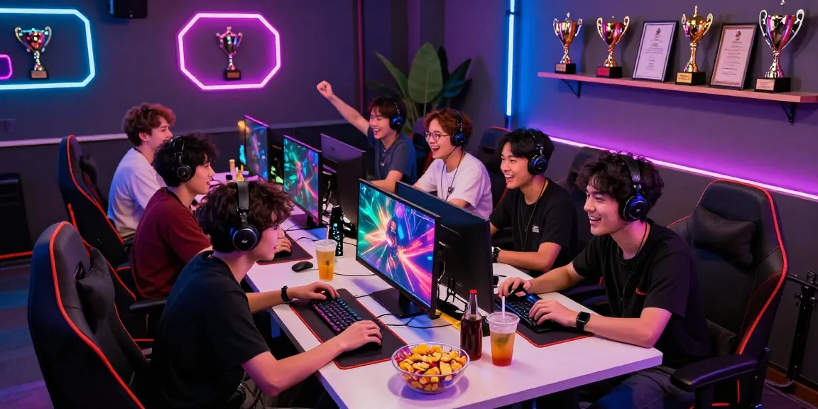 Engaging gaming atmosphere at https://haywin.eu.com/ with players enjoying various competitive games, snacks, and vibrant decorations.