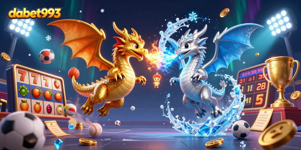 Engage with the thrilling world of dabet993 as golden and silver dragons soar amidst captivating casino elements.