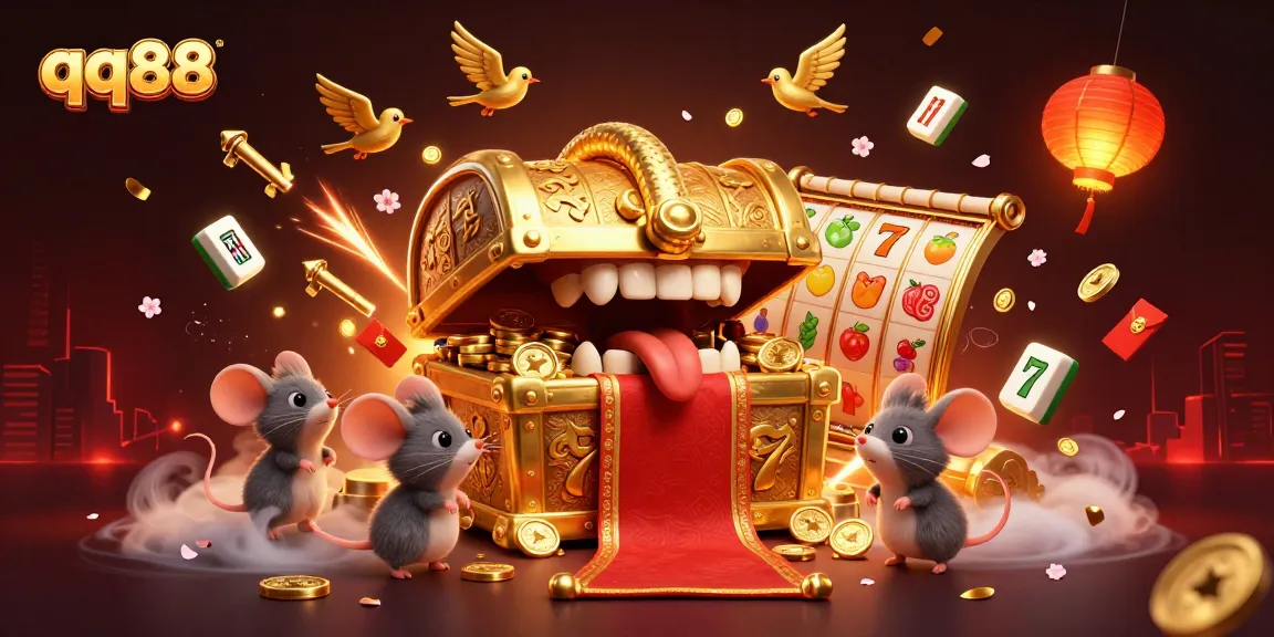 Engage in exciting qq88 slot gaming with dynamic visuals featuring treasure chests and festive elements.
