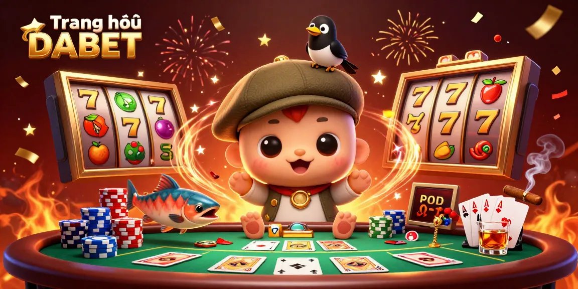Experience thrilling gameplay at Trang chủ DABET with vibrant illustrations featuring slot reels, poker elements, and joyful characters.