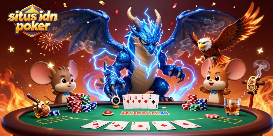 Gambarlah situs idn poker yang menarik dengan permainan poker di meja, menampilkan chip dan kartu mengesankan.