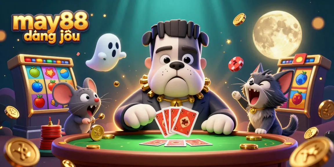 Experience may88 đăng nhập at a lively casino scene with vibrant characters and gaming elements.