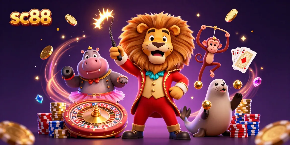 Experience thrilling games at sc88 with a vibrant circus scene featuring casino elements and lively characters.