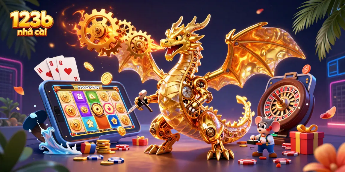 Engage with 123b nhà cái through dynamic gameplay featuring a biomechanical dragon and colorful slot games.