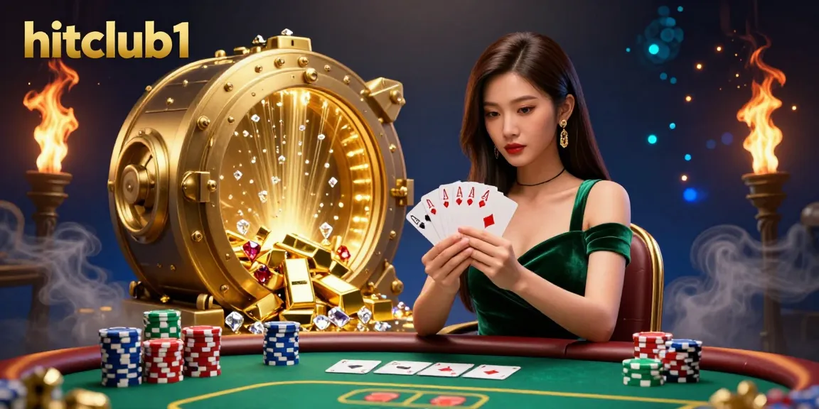 Engage with hitclub1 as a stunning Asian woman strategizes at a luxury poker table surrounded by riches.