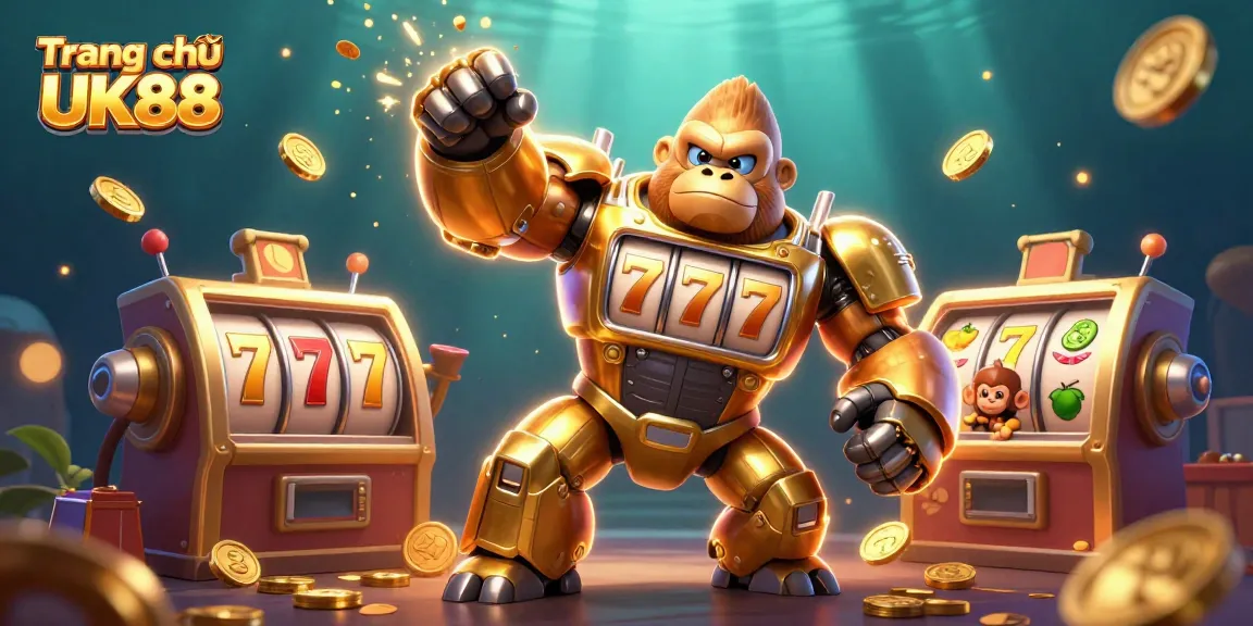 Experience the excitement of gambling with "Trang chủ UK88" featuring dynamic slot machines and golden elements.