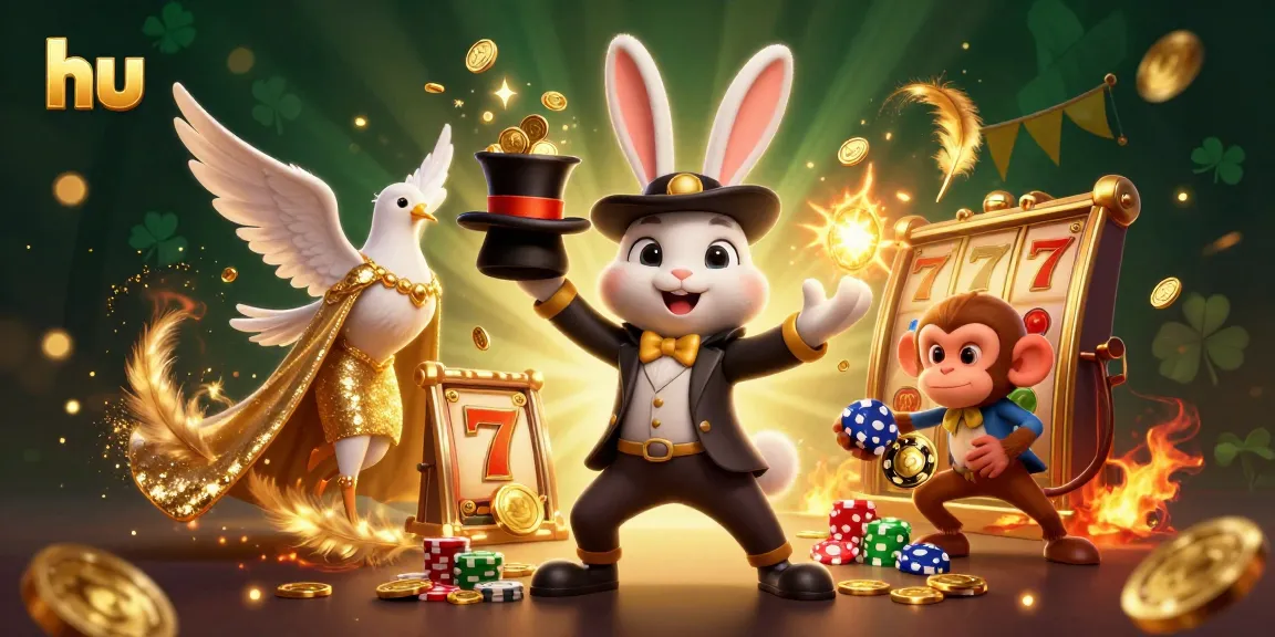 Join the magical hu casino experience with a rabbit pulling coins, dove, and monkey at the slots game.