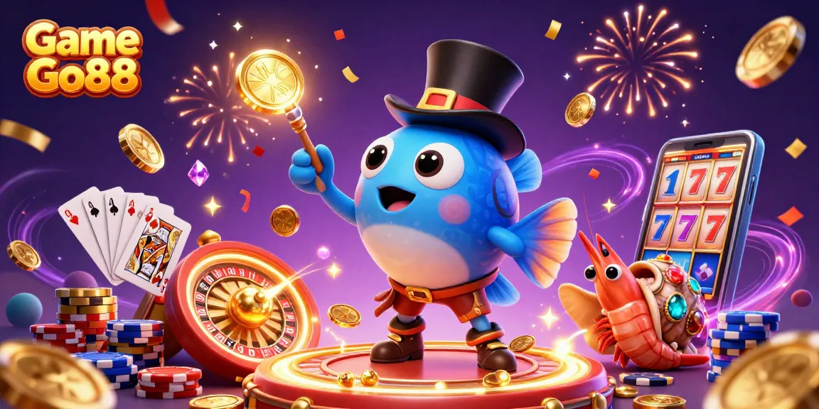 Experience the thrill of Game Go88 with golden coins and vibrant casino elements in this rich 3D illustration.