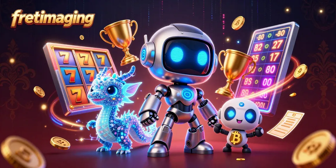 Engaging illustration of fretimaging casino with cyberpunk robot and slot game elements in action.