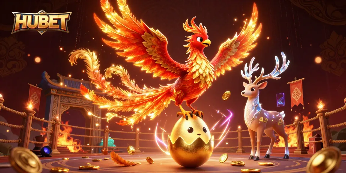 Engage with HUBET’s dynamic gaming experience featuring a fire phoenix and baby phoenix in a rich casino-themed illustration.
