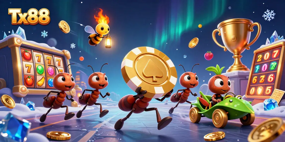 Watch Tx88 ants on a thrilling heist carrying a giant poker chip amidst vibrant casino elements.