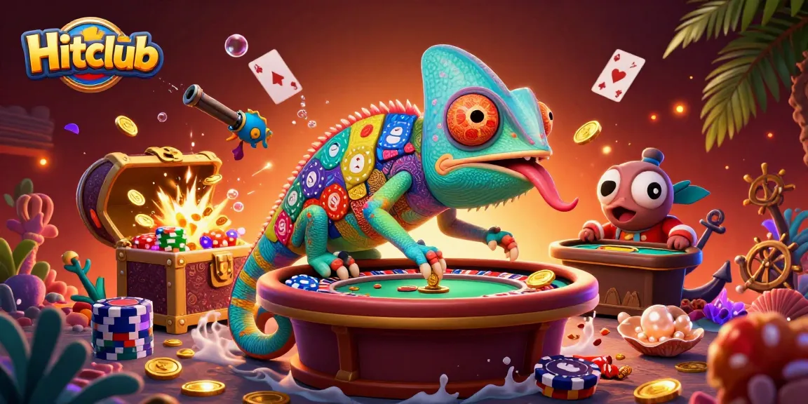 Hitclub features a vibrant chameleon casino owner in a dynamic gambling scene filled with treasures and playful energy.