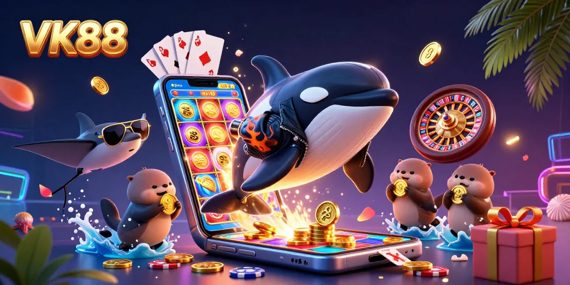 Experience thrilling wins with VK88 in a vibrant 3D casino scene featuring dynamic characters and game elements.