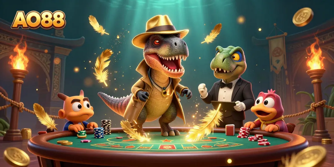 AO88 features cartoon velociraptor card counter at a blackjack table, enhancing the excitement of online gambling.