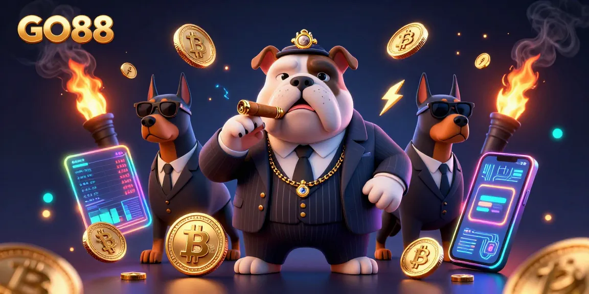 Engage with GO88 in this vibrant 3D illustration of a mafia bulldog and bodyguard Dobermans surrounded by glowing crypto elements.