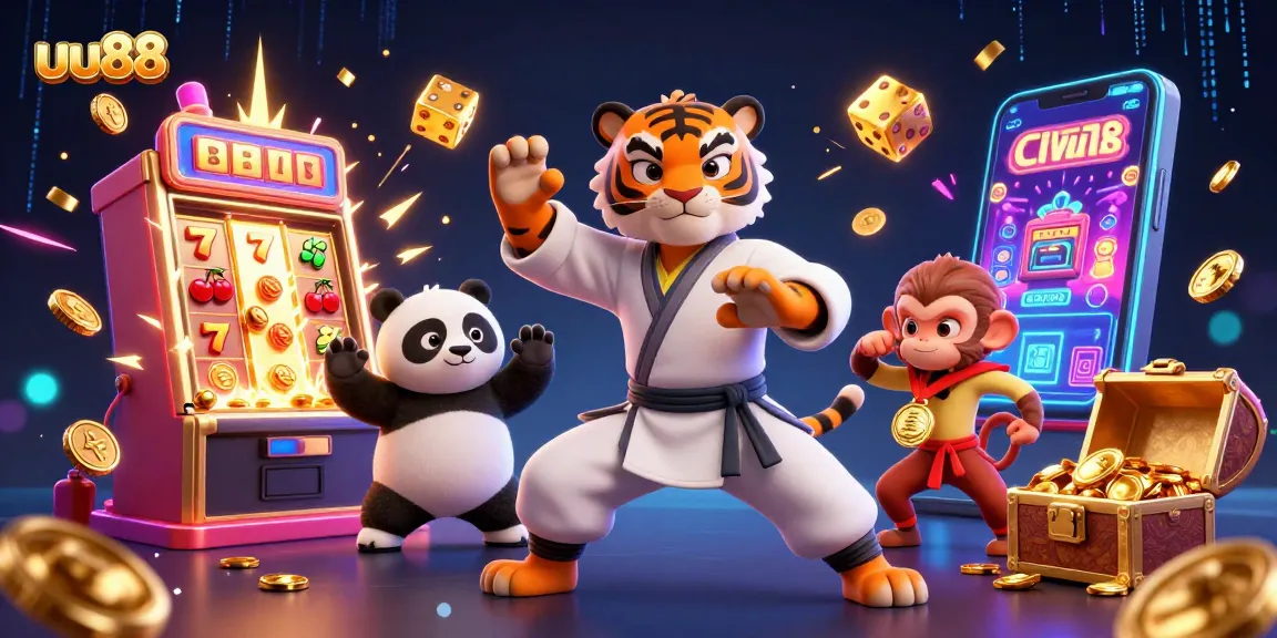 Experience gaming excitement at uu88 with a vibrant 3D casino illustration featuring dynamic characters and jackpot action.
