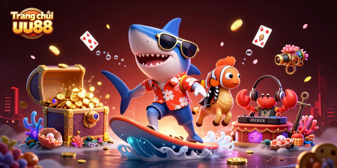 Engage with exciting games at Trang chủ uu88, featuring fun visuals of a shark surfing on gold coins!
