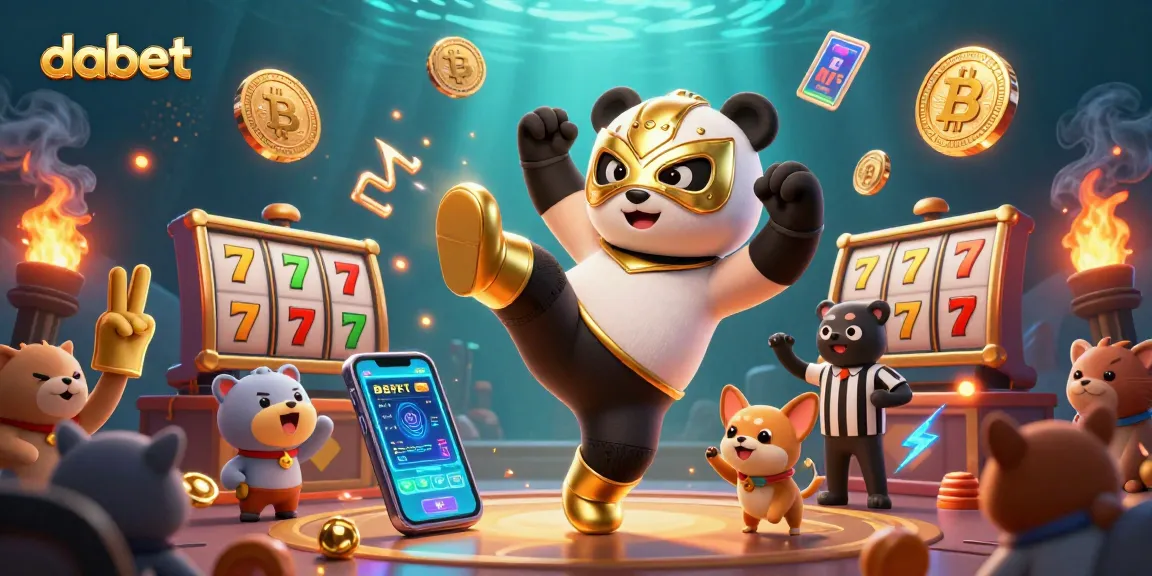 Dabet engages players with a lively 3D scene of a panda wrestler and excited fans amidst thrilling slot reels and vibrant crypto elements.