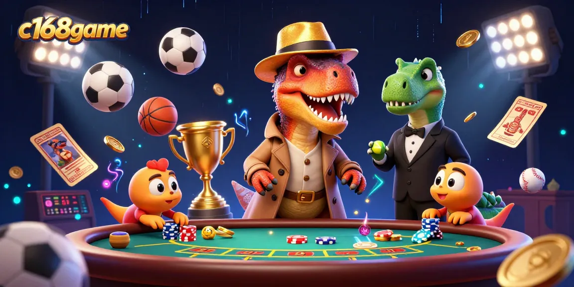 Join the excitement of c168game at a dynamic casino scene with cartoon dinosaur characters.