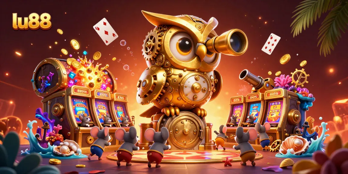 Experience the vibrant casino floor at lu88 featuring a whimsical owl and playful mice amidst gold treasures.