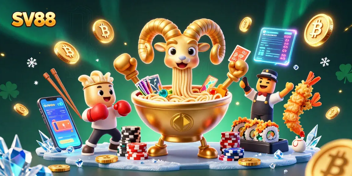 SV88 features a dynamic scene with a golden ramen bowl and characters, showcasing vibrant casino elements.