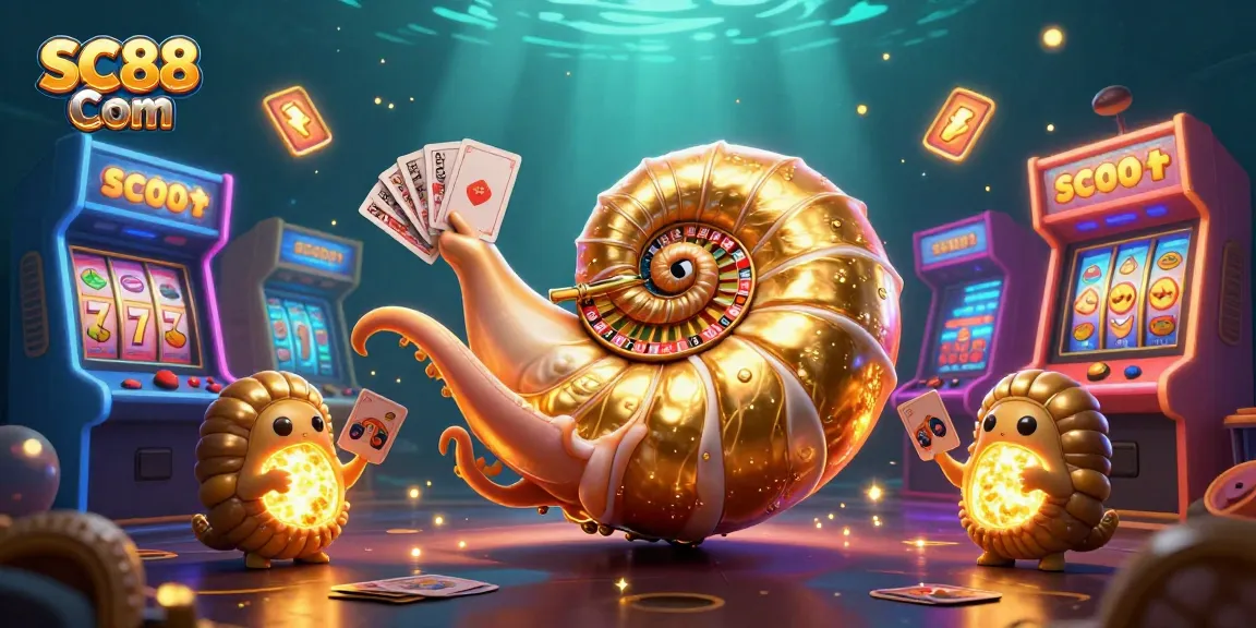 Engage in thrilling gameplay with SC88 Com, featuring a giant nautilus roulette and glowing fossil companions amidst vibrant casino elements.