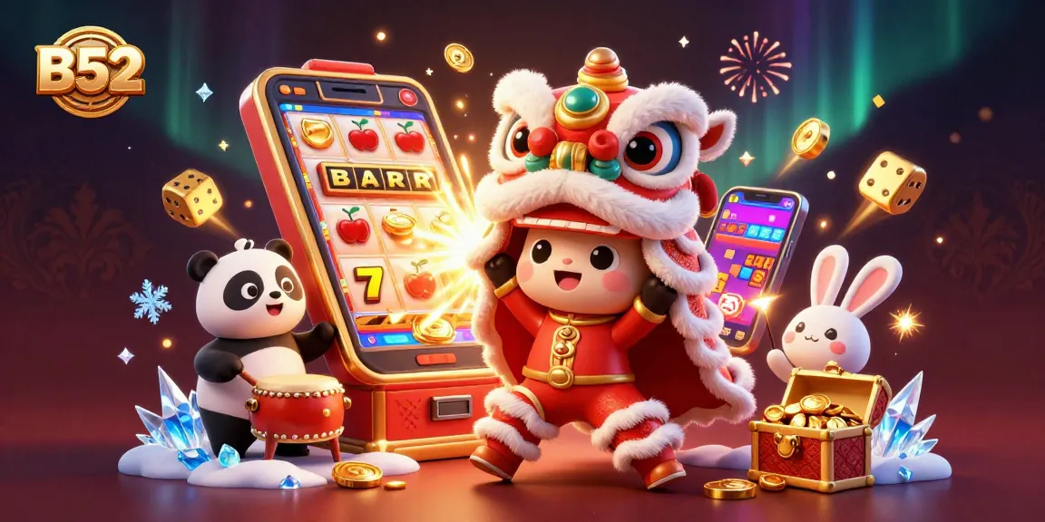 B52 casino slot jackpot explosion with lion dance, panda, and rabbit in vibrant celebration.