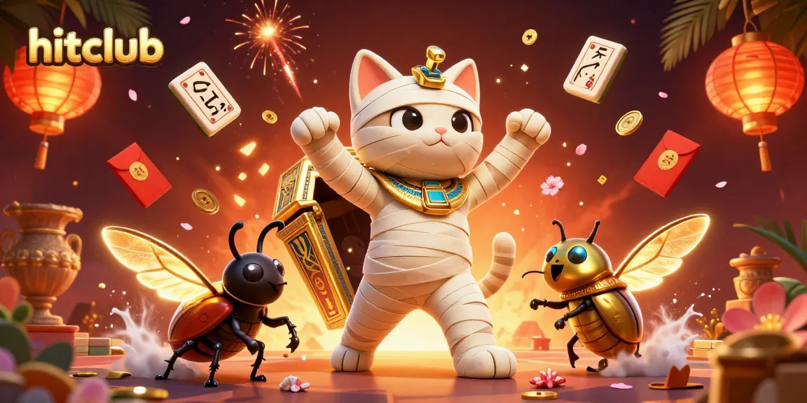 Engage with hitclub's thrilling gaming world featuring an Egyptian mummy cat and casino elements.