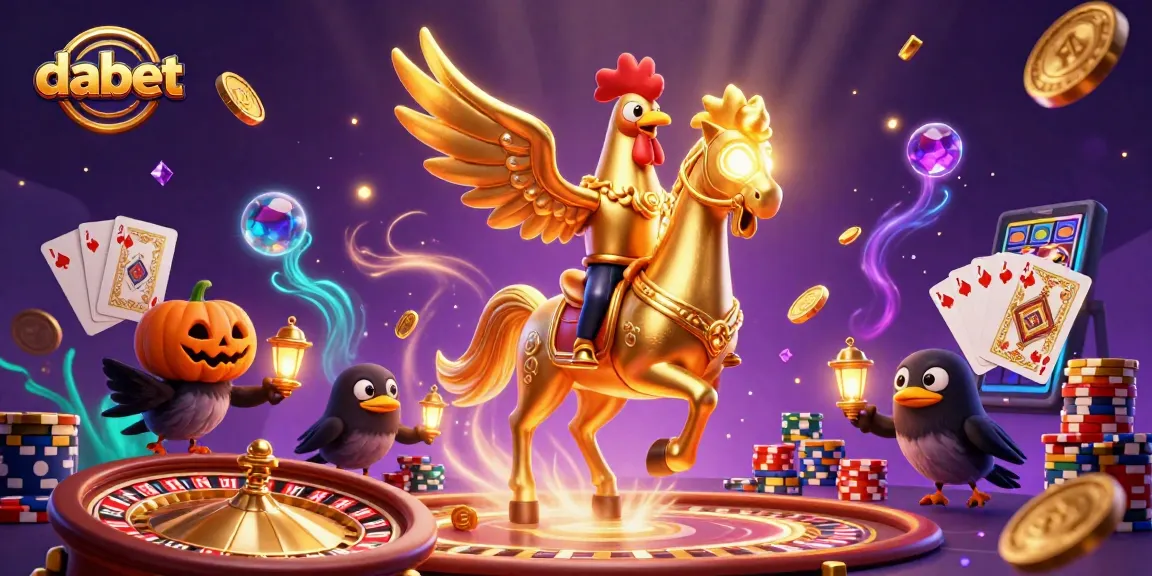 Dabet casino features golden rooster character amidst a dynamic gaming scene with treasures and games.