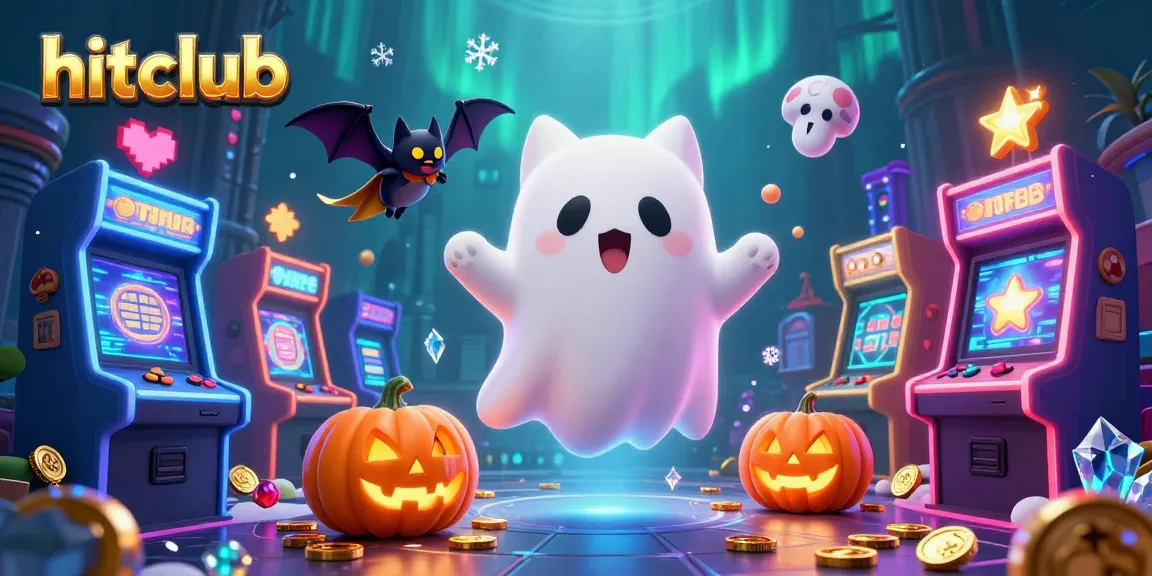 Experience the thrill of slot gaming at hitclub with 3D ghost cat and vampire bat in a vibrant casino!