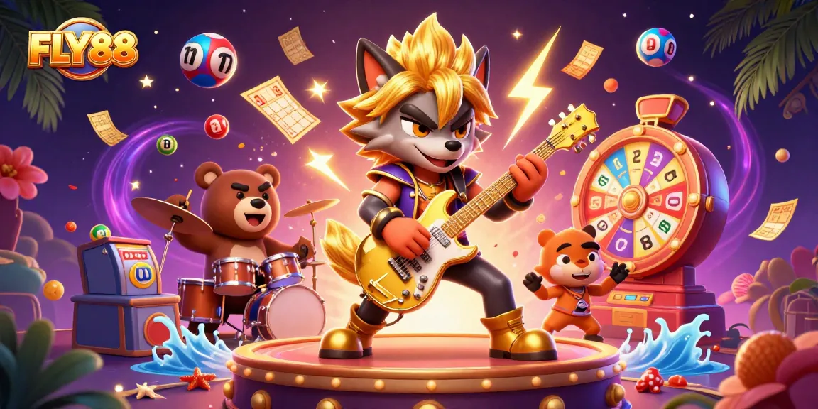 Engage with FLY88's dynamic casino experience featuring vibrant game elements and lively characters.