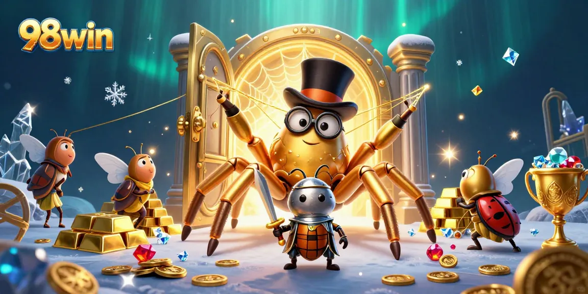 Courageous beetle knight facing off against a giant tarantula within a dazzling 98win casino scene.