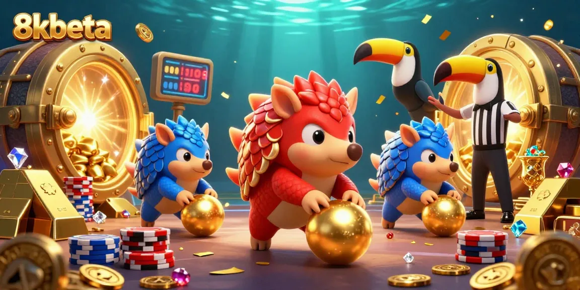Engage with exciting games at 8kbeta, featuring a 3D lively scene with vibrant pangolins and golden treasures.