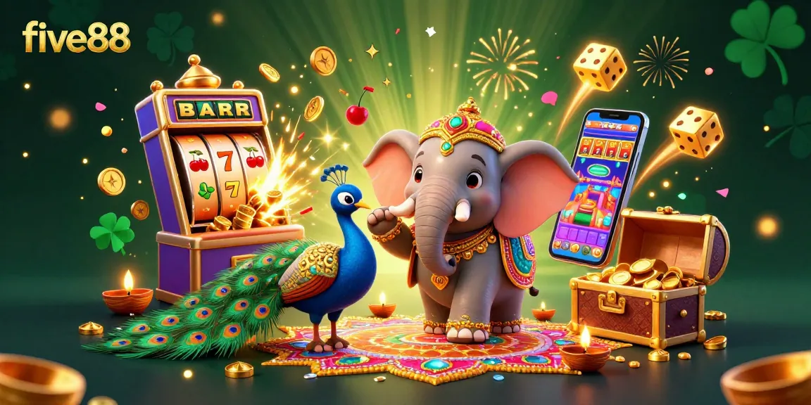 Experience the vibrant five88 casino world with a dynamic 3D illustration showcasing thrilling slot games and colorful celebrations.