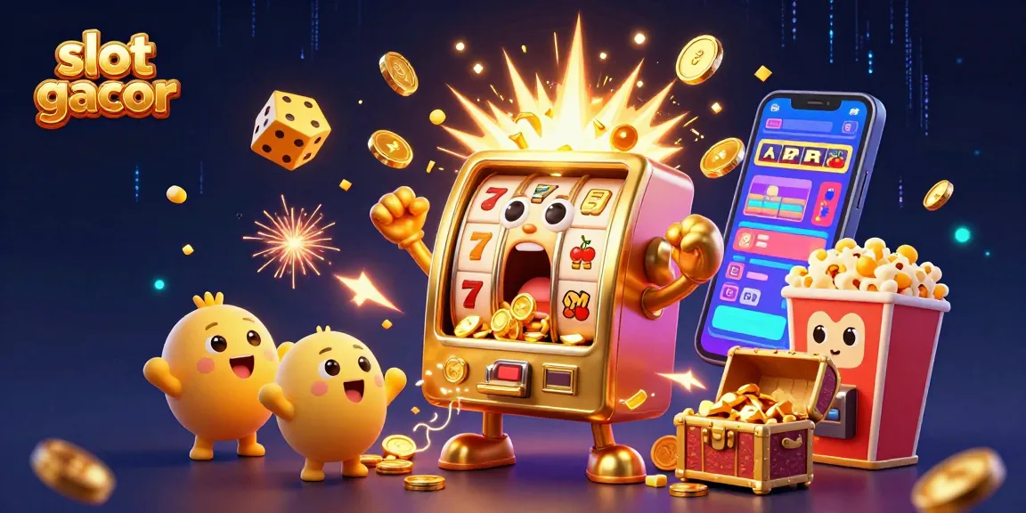 Spin slot gacor and win big as golden coins shower from a jubilant 3D slot machine amid vibrant casino elements.