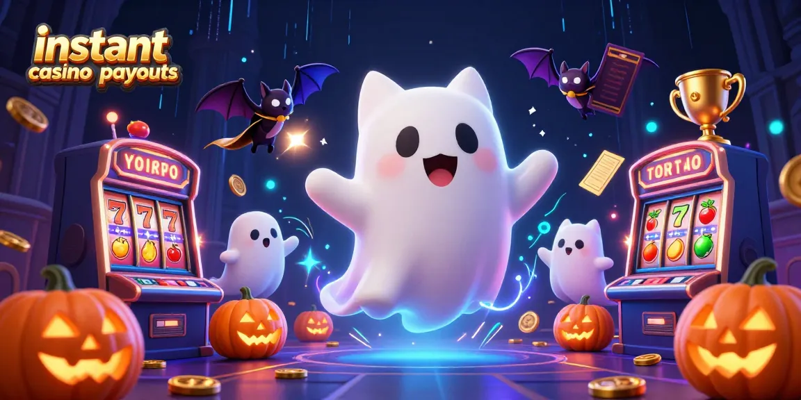 Experience instant casino payouts with a friendly ghost cat and bat in a vibrant haunted casino scene.