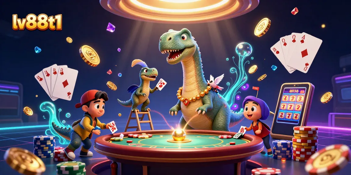 Engage in thrilling gameplay at lv88t1 with a vibrant casino scene featuring a towering brontosaurus and raptor dealer.