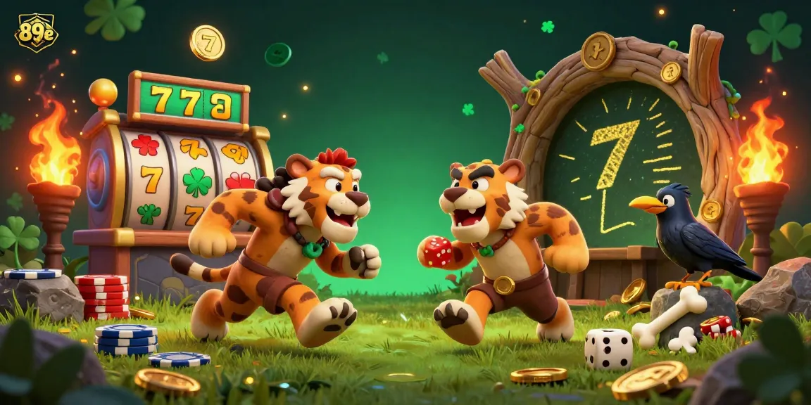 Engage in exciting games at 89e with vibrant visuals of slots, energetic characters, and a thrilling prehistoric casino atmosphere.