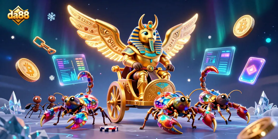 Engage with da88's thrilling casino experience featuring a golden beetle and scorpions amidst vivid crypto elements.