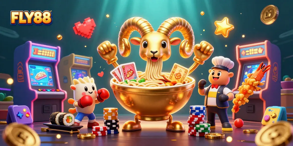 Win big at FLY88 with a vibrant casino scene featuring animated food characters and gaming elements.