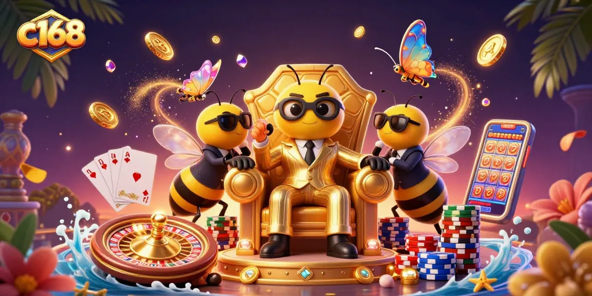 Engage in c168's vibrant gaming experience with a cartoon mob boss and casino elements.
